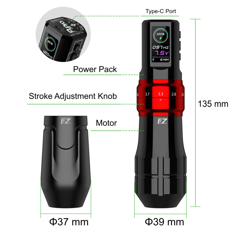 EZ P3 Pro Wireless Tattoo Machine Pen Adjustable Stroke Tattoo Battery Pen