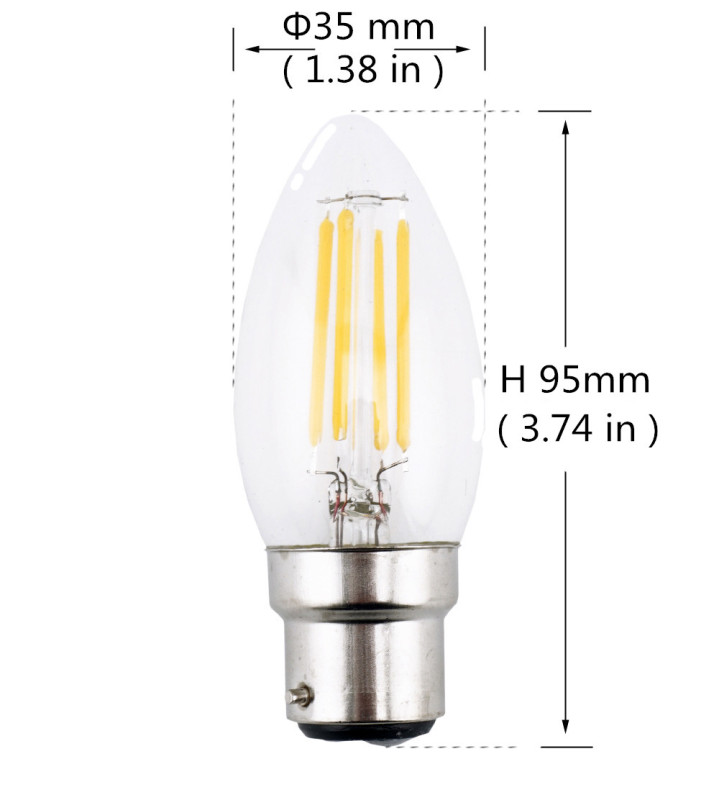 LED B22 Filament Bulb Light 2W 4W Bayonet Base Candle Bulb 220V C35 LED Torpedo Shaped   Lamp for Crystal Chandelier Lighting-Pack of 4