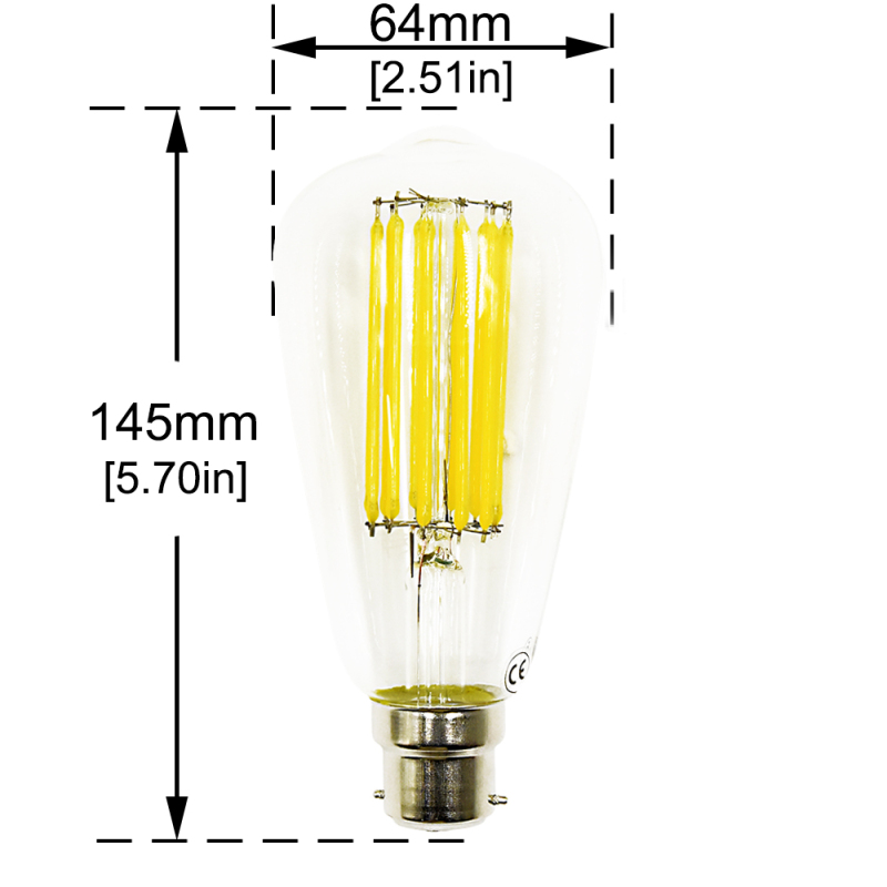 ST64 BC LED Filament Light Bulb 12W B22 Bayonet Cap Antique Edison Style Lamp Bulb Long Filament 120W Halogen Replacement Non-dimmable (3 Pack)