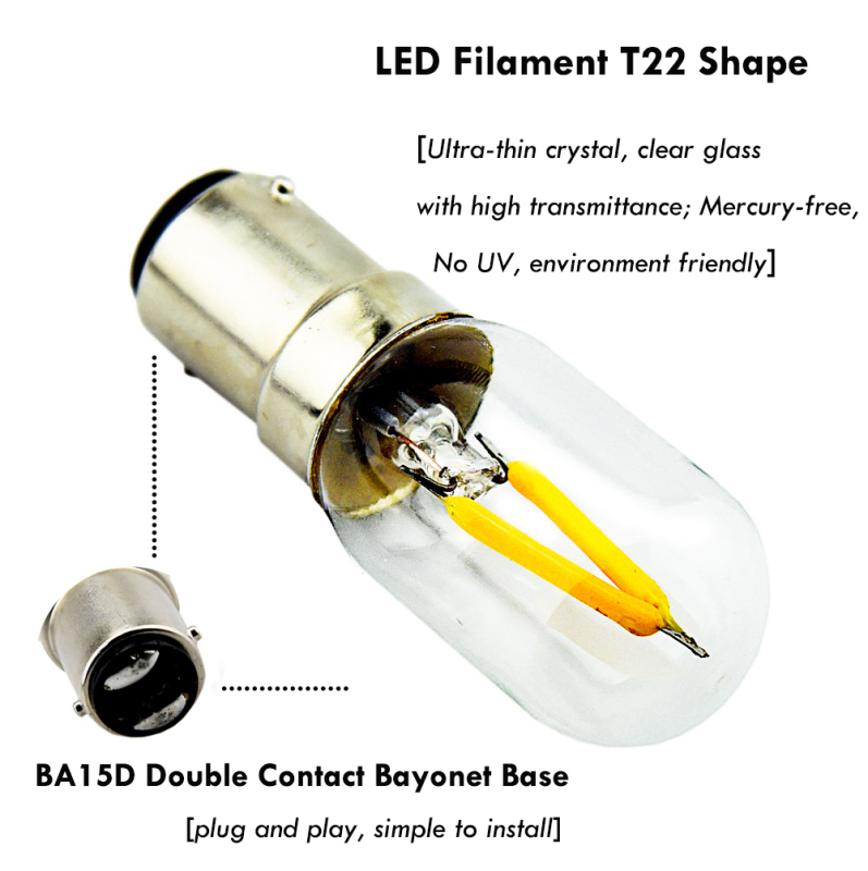 BA15D LED Filament T22 Light Bulbs 2W BA15D Double Bayonet LED Ceiling Light 15W Halogen Replacement Bulbs for Sewing Machine Lighting (2-Pack)