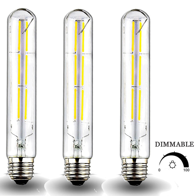 Dimmable 6 Watt LED T10 Tubular Light 60 Watt Incandescent Equivalent E26 Edison Vintage Filament Tube Lamp Medium Base Clear Glass Bulb (3-Pack)