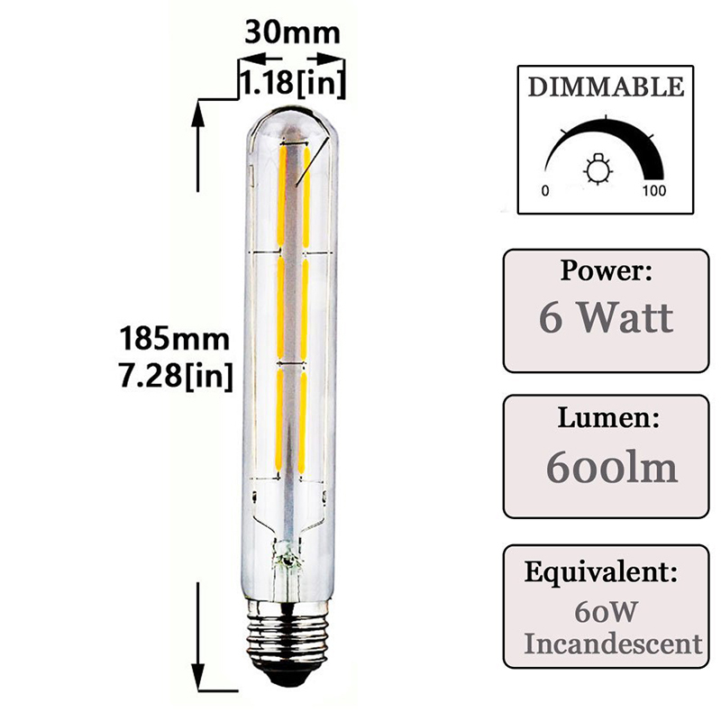 Dimmable 6 Watt LED T10 Tubular Light 60 Watt Incandescent Equivalent E26 Edison Vintage Filament Tube Lamp Medium Base Clear Glass Bulb (3-Pack)