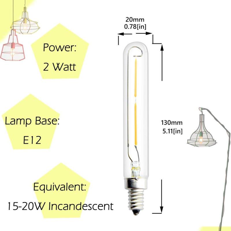 E12 T6 LED Bulb 2 Watt Clear Glass Candelabra Base LED Bulbs 15-20W E12 Incandescent Equivalent T20 Edison Tubular Candle Base Lamp (3-pack)