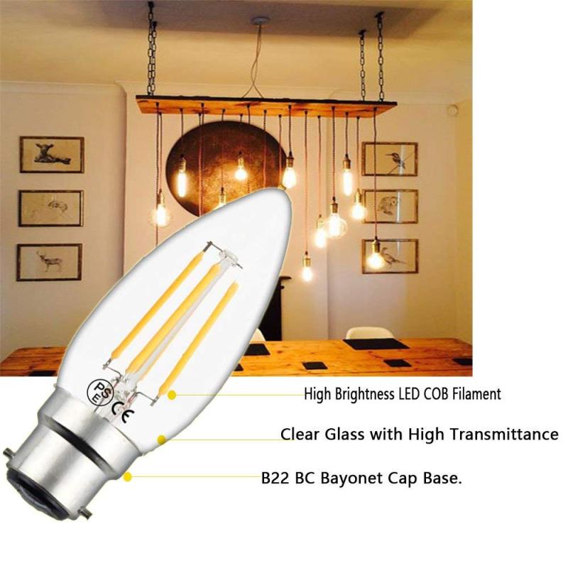 B22 LED Filament Candle Light Bulb C35 BC Bayonet Cap 4W 400LM Classic Style Bulbs Replace 35-40 W Incandescent Bulb Dimmable for Chandelier Lamp