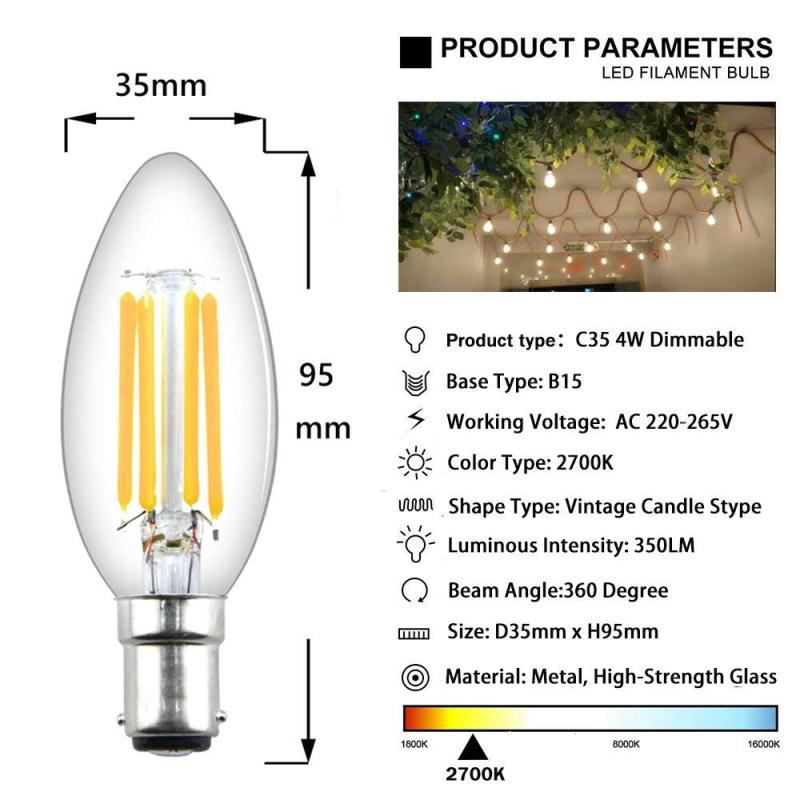 4W B15d Filament LED Candle Bulb C35 B15 Dimmable Edison Vintage SBC Small Bayonet Cap Candle Light Bulbs for 35-40W Incandescent Replacement (5-Pack)