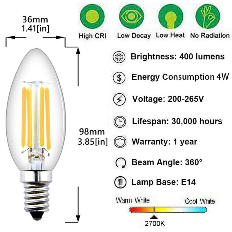 E14 LED Candle Bulbs Dimmable Small Edison Screw 4W, LED Filament Candle Light Bulbs E14 SES Vintage LED Light Bulbs Halogen Bulbs 35W-40W Replacement