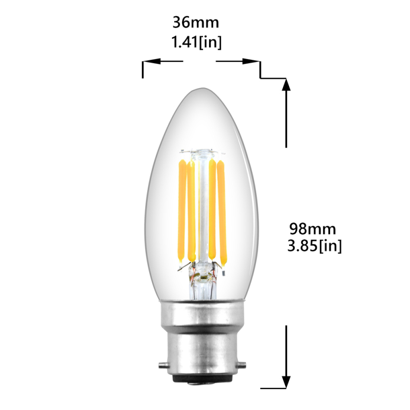 B22 LED Filament Candle Light Bulb C35 BC Bayonet Cap 4W 400LM Classic Style Bulbs Replace 35-40 W Incandescent Bulb Dimmable for Chandelier Lamp