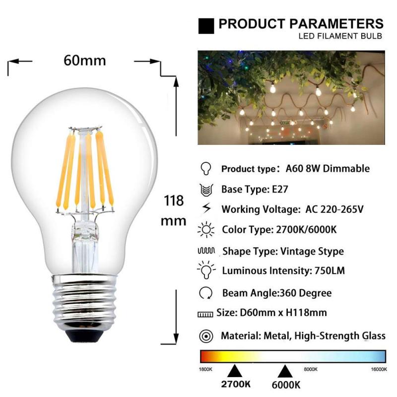 E27 LED Filament Bulb 8W 750lm ES A60 Globe Edison Screw LED Light Bulb 70W Equivalent Dimmable Low Energy Bulbs (4-Pack)