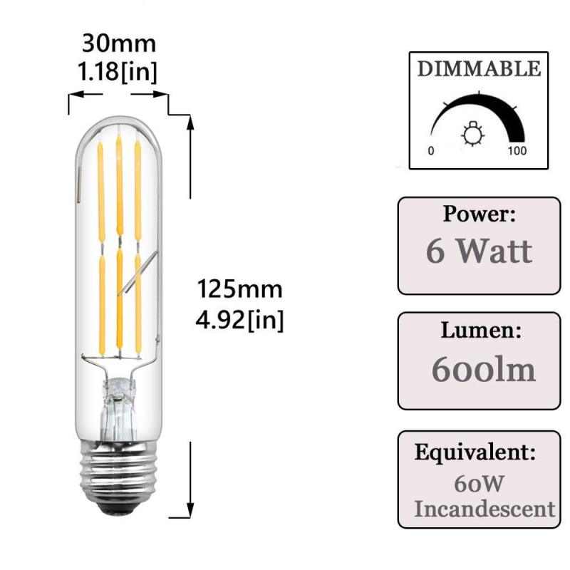 T10 Tubular LED E26 Filament Bulbs Dimmable 60W E26 Incandescent Replacement Light Bulbs Soft White Vintage Clear Glass LED Tubular Bulb