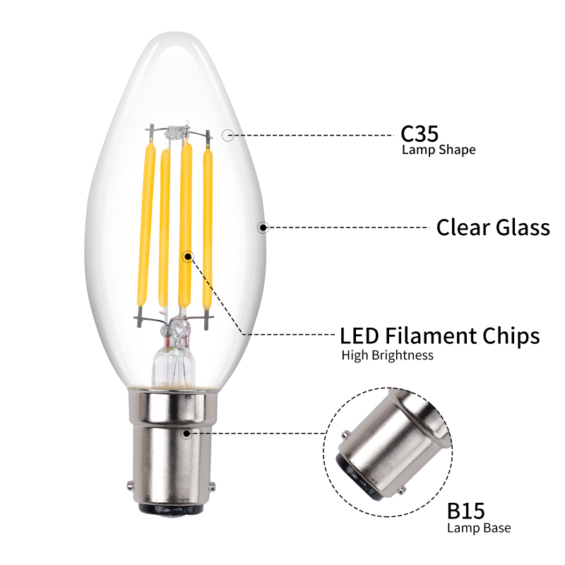 4W  B15 C35 LED Vintage Filament Light Bulbs Warm White 2700K, 40W Incandescent Equivalent(6 packs)