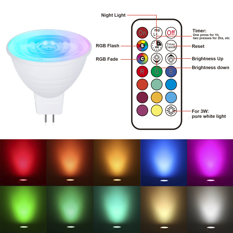 3W MR16 GU5.3  AC/DC 12V Dimmable Colours RGB LED Light Bulb with Remote Control Party(4 Packs)