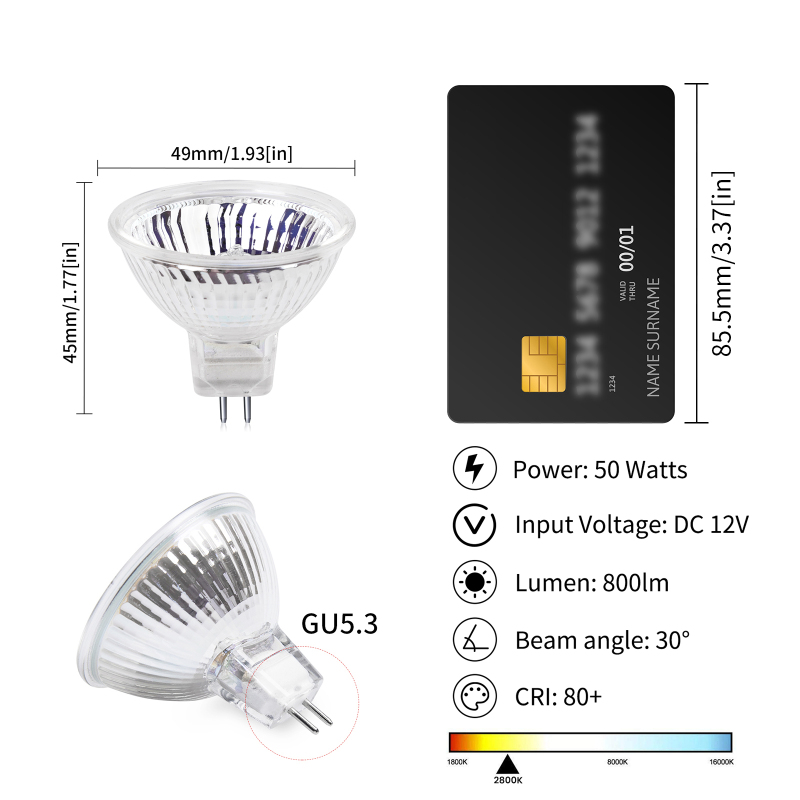50W MR16 GU5.3 DC12V Halogen Light Bulbs(10packs)