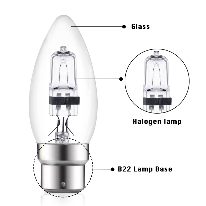 42W C35 B22 Dimmable Halogen Light Bulb, Warm White 2700K, Classic Clear Glass Light Bulb for Chandeliers, Ceiling Fixture(10-PACK)