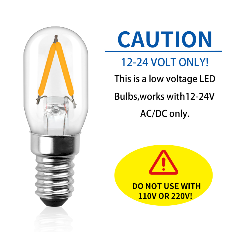 2W T22 E14 LED Filament Light Bulb  AC/DC 12V-24V,  for RV Camper Marine, Truck, Boat, Solar Power Lamp ( 2-Pack)