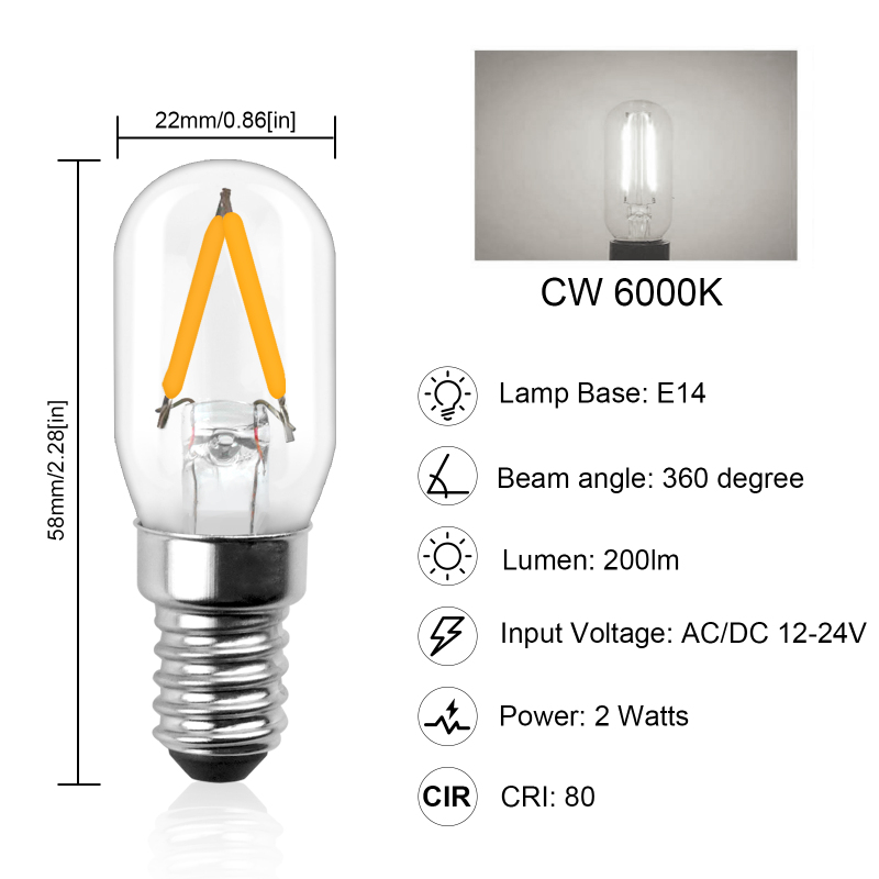 2W T22 E14 LED Filament Light Bulb  AC/DC 12V-24V,  for RV Camper Marine, Truck, Boat, Solar Power Lamp ( 2-Pack)