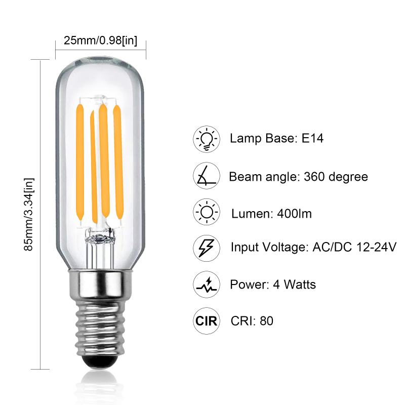 4W Non-Dimmable E14 T25 LED Filament Bulb, 12-24V Low Voltage Tubular LED Filament Vintage Light Bulb, 40W Incandescent/Halogen Equivalent