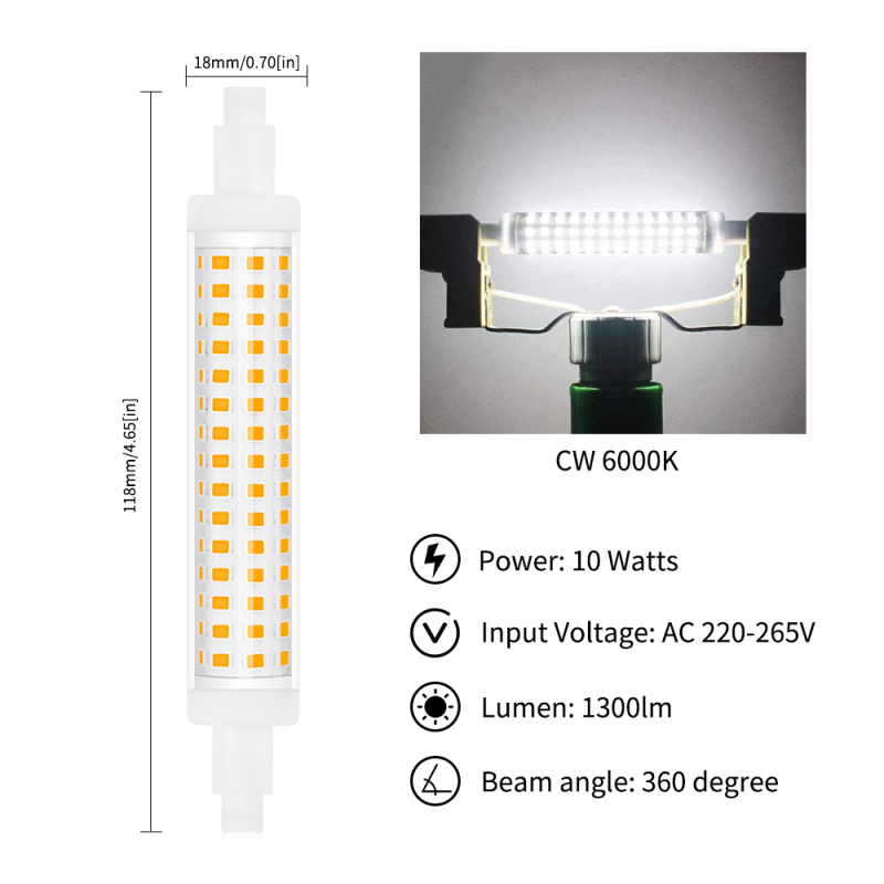 10W Non-Dimmable R7s118mm J118 LED Bulb Linear Double Ended Base Floodlight 120W Halogen Lamp Replacement for Garden, Garage, Parlor (2-PACK)