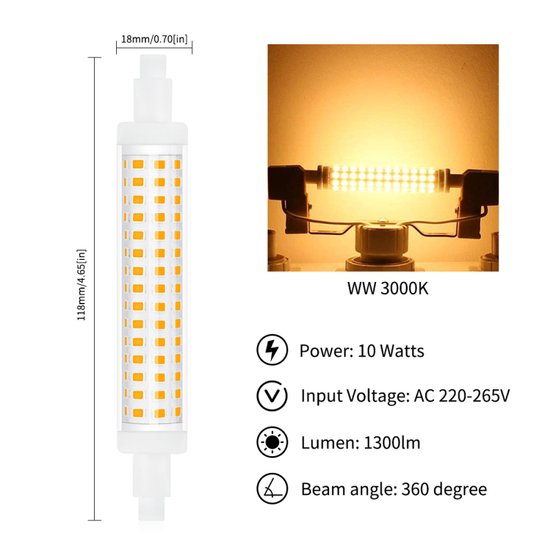 10W Non-Dimmable R7s118mm J118 LED Bulb Linear Double Ended Base Floodlight 120W Halogen Lamp Replacement for Garden, Garage, Parlor (2-PACK)