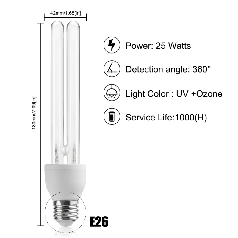 25W E27 UVC Disinfection Light Bulb, Ultraviolet Sterilization Lamp Bulb with Ozone UV Germicidal Lamp 254 nm 360° Beam Angle(1-PACK)