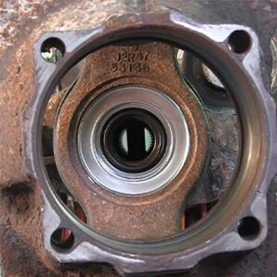Photo of high performance oil bath seal installed on a commercial semi-trailer axle hub.
