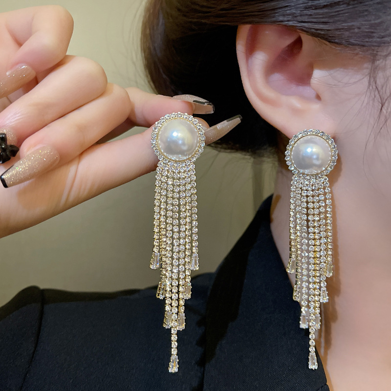 S925 silver earrings long pearl tassel rhinestone drop gorgeous luxury