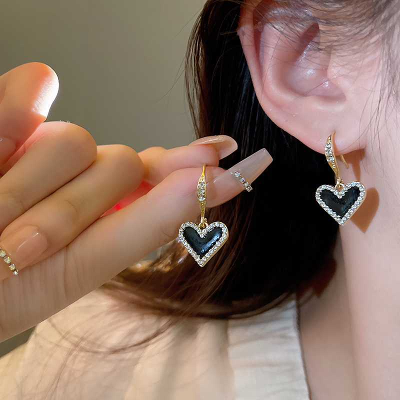 S925 silver earrings black heart diamond rhinestone drop gold
