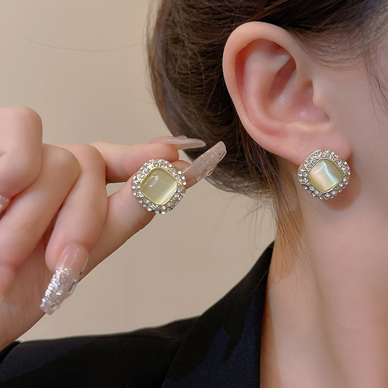 S925 silver earrings crystal stone square diamond rhinestone shining