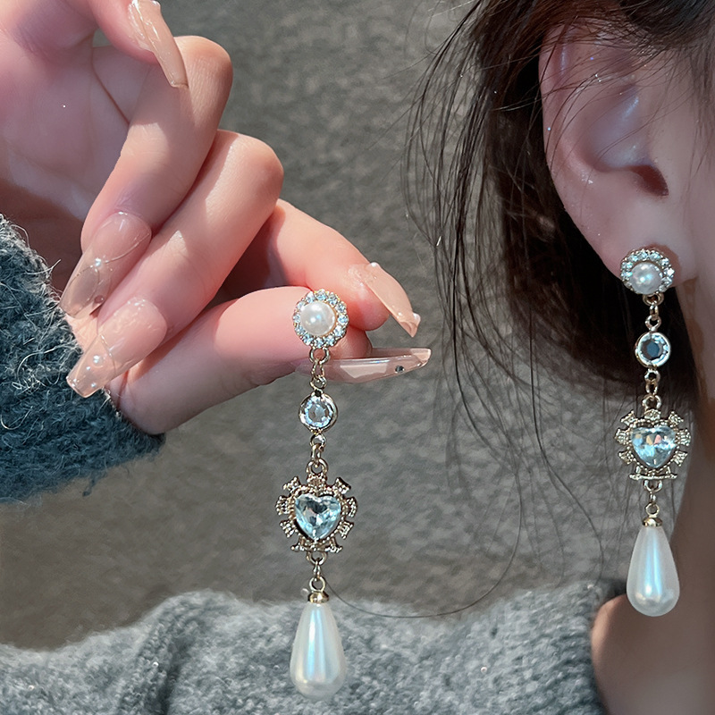 S925 silver earrings gold rhinestone pearl heart long drop large luxury