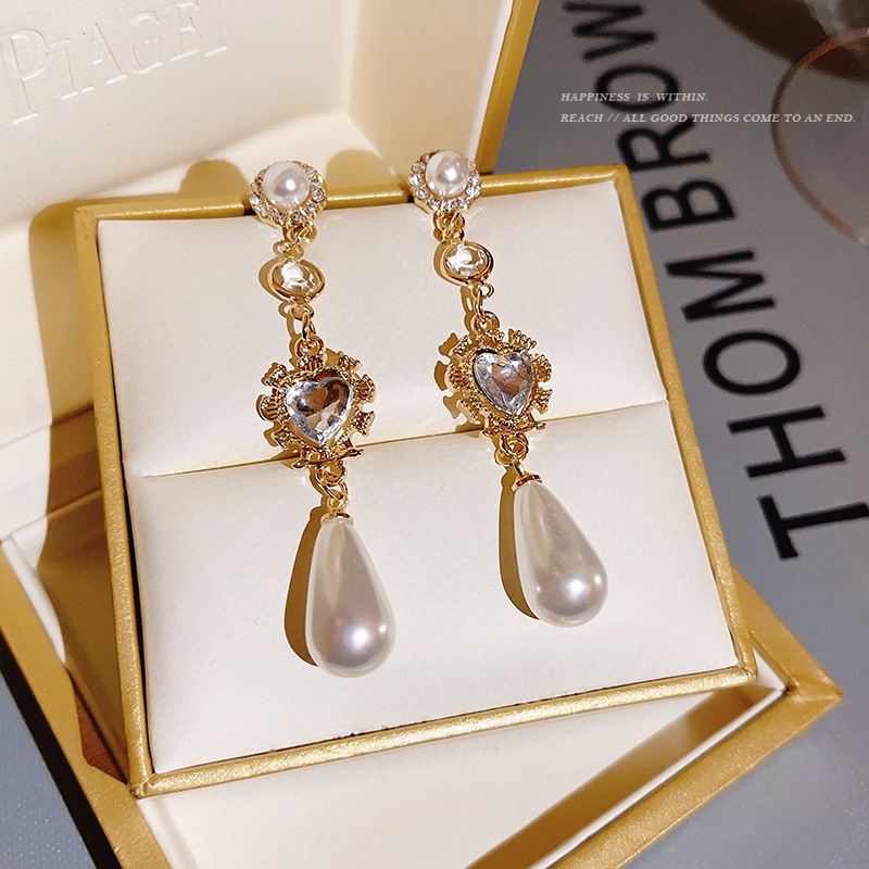 S925 silver earrings gold rhinestone pearl heart long drop large luxury