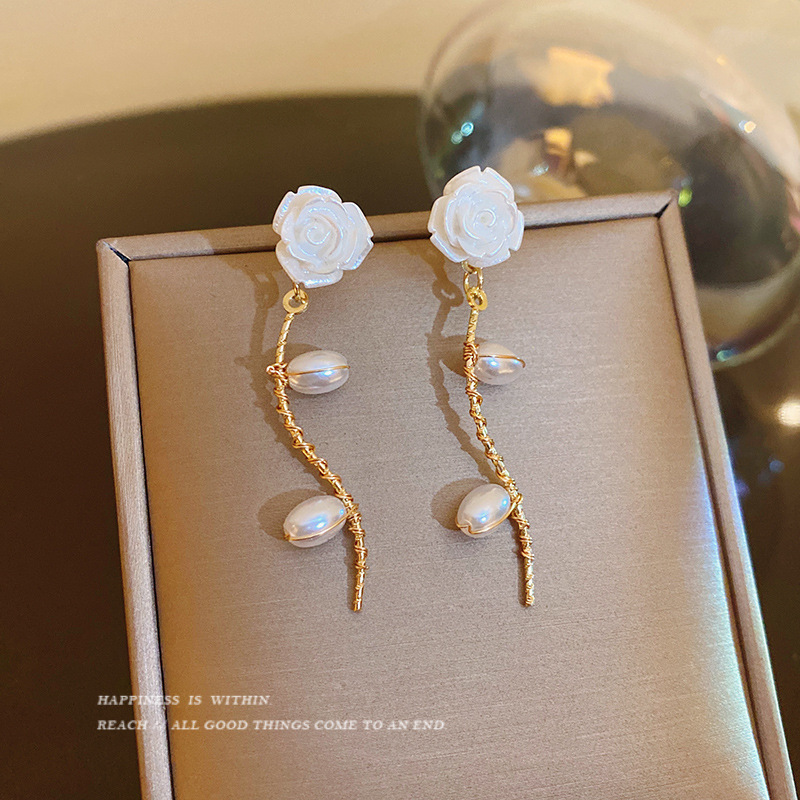 S925 silver earrings gold white flower rose long pearl drop feminine