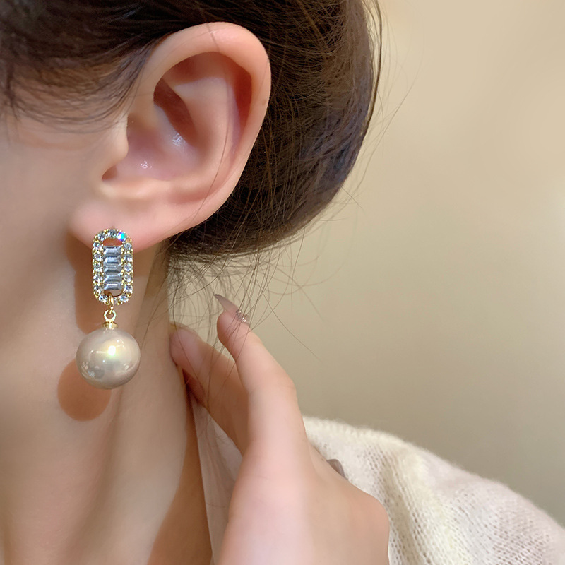 S925 silver earrings gold pearl rhinestone drop large shining elegant