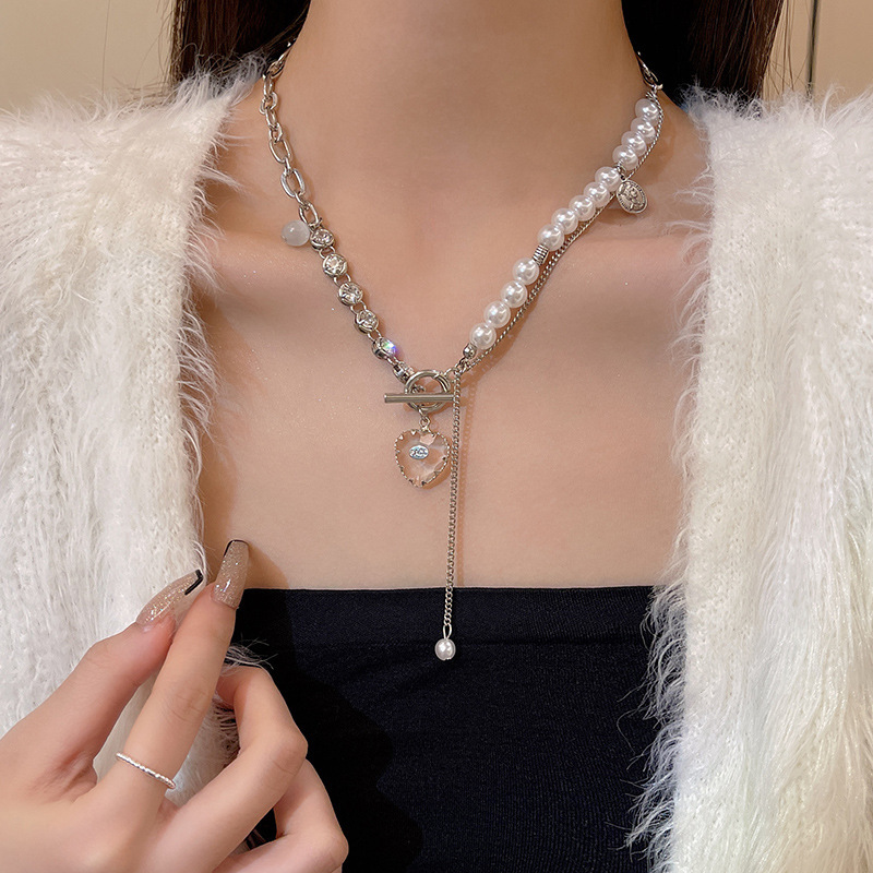 Necklace silver wide chain rhinestone large pearl drop transparent heart crystal