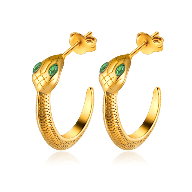 18K gold plated earrings stainless steel C-type snake green rhinestone circular unique fashion for girls and women