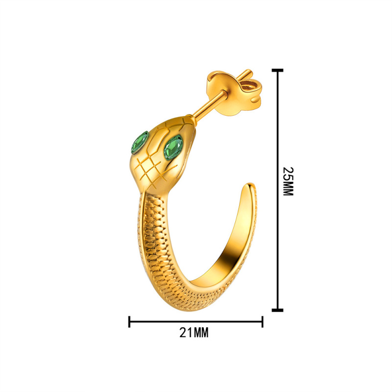 18K gold plated earrings stainless steel C-type snake green rhinestone circular unique fashion for girls and women
