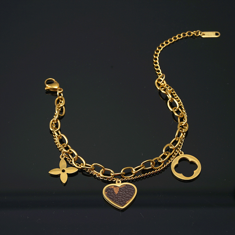 18K gold plated stainless steel bracelet couple bracelet double layer chain Micky and Heart hollow drop cute unique