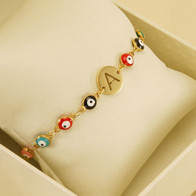 18K gold plated bracelet stainless steel chain Devil's eye letter card 26 letters drop cute unique for girls and women