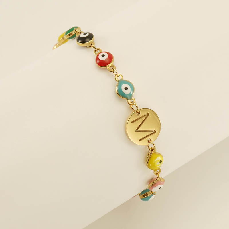 18K gold plated bracelet stainless steel chain Devil's eye letter card 26 letters drop cute unique for girls and women