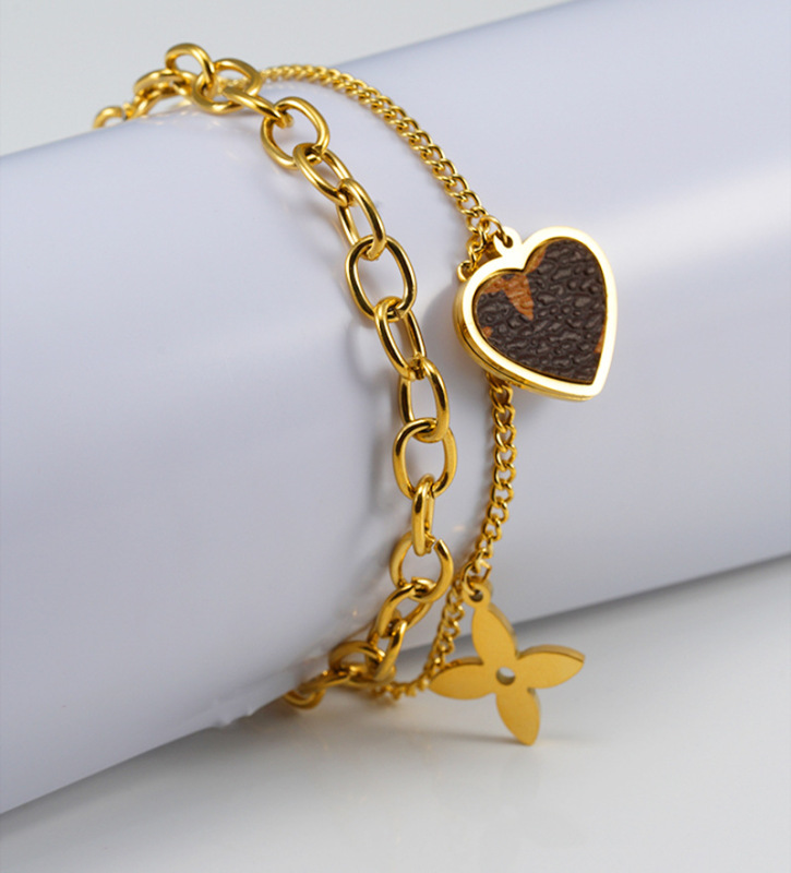 18K gold plated stainless steel bracelet couple bracelet double layer chain Micky and Heart hollow drop cute unique