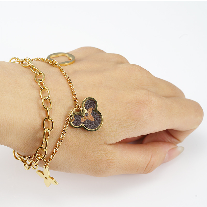 18K gold plated stainless steel bracelet couple bracelet double layer chain Micky and Heart hollow drop cute unique