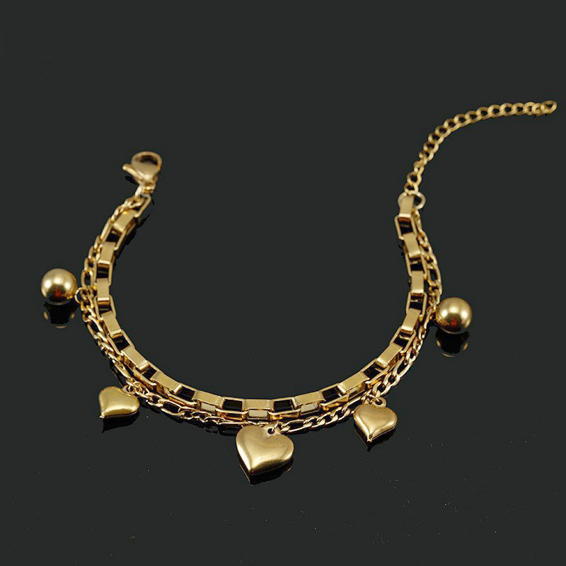 18K gold plated bracelet stainless steel double layer heart golden bead drop unique noble for girls and women