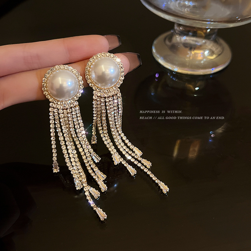 925 Sterling Silver Earrings large pearl circular circle rhinestone tassel long drop luxury shining elegant wedding bridal bride party charming