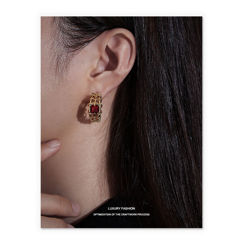 18K Gold Plated Earrings Hoop Earrings red crystal gem zircon hollow gold C type daily shining elegant unique for women