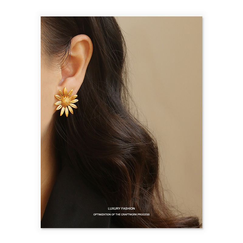 18K Gold Plated Earrings Stud Earrings gold sunflower daisy flower cute lovely feminist for girls daily