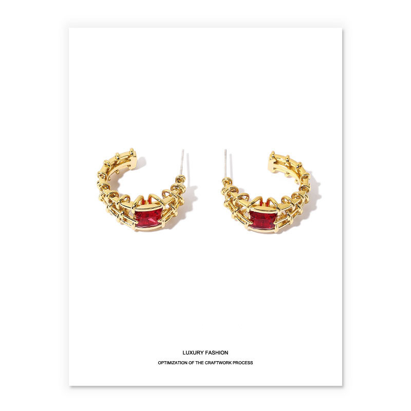 18K Gold Plated Earrings Hoop Earrings red crystal gem zircon hollow gold C type daily shining elegant unique for women