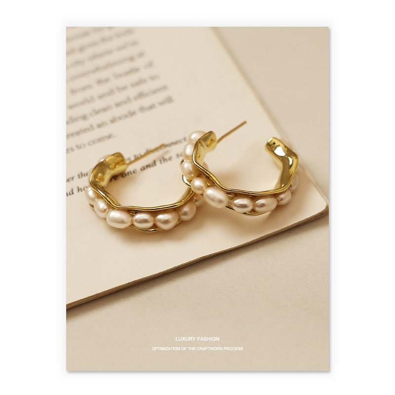 18K Gold Plated Earrings Hoop Earrings natural pearl freshwater real pearl C type daily wedding bridal bride trendy for women