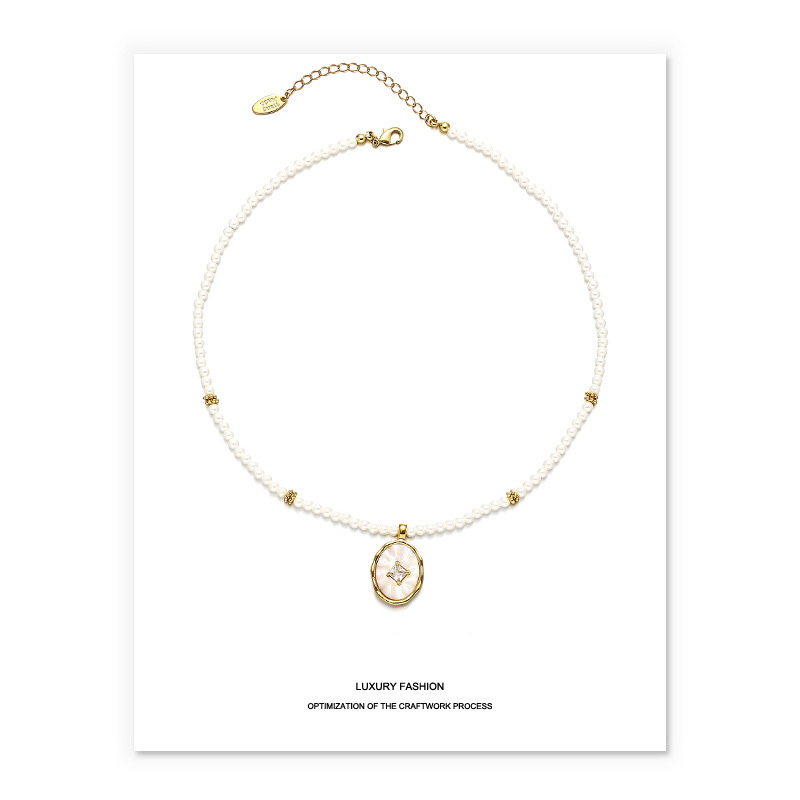 18K Gold Plated Necklace pearl natural shell freshwater white diamond zircon circular pendant elegant wedding bridal bride noble