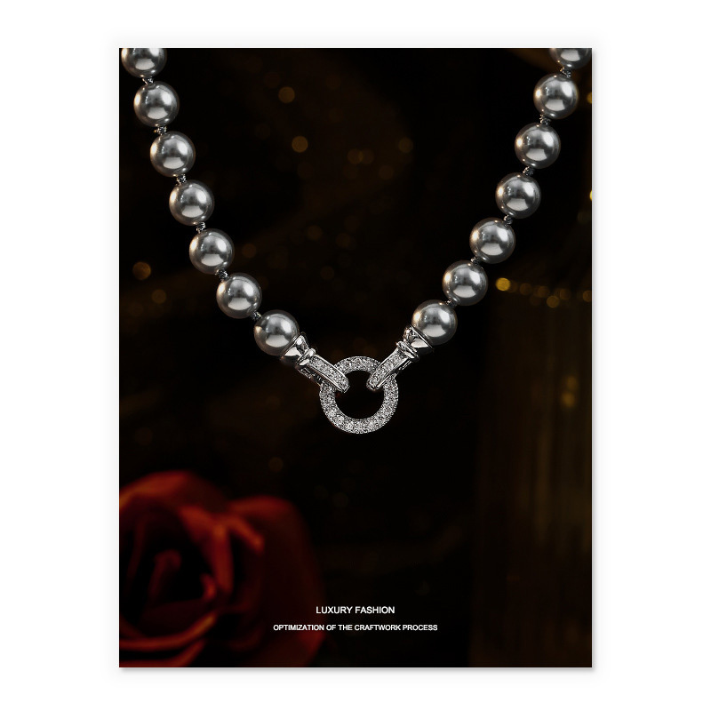 18K Gold Plated Necklace platinum gray pearl large hollow circular circle diamond zircon pendant shining unique luxury wedding bridal bride