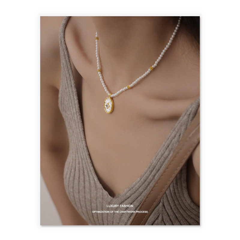 18K Gold Plated Necklace pearl natural shell freshwater white diamond zircon circular pendant elegant wedding bridal bride noble