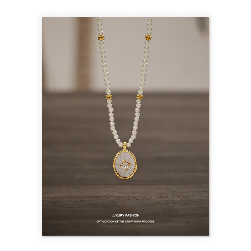 18K Gold Plated Necklace pearl natural shell freshwater white diamond zircon circular pendant elegant wedding bridal bride noble