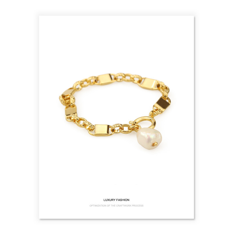 18K Gold Plated Bracelet natural pearl real pearl baroque freshwater single drop golden chain wide hollow unique elegant